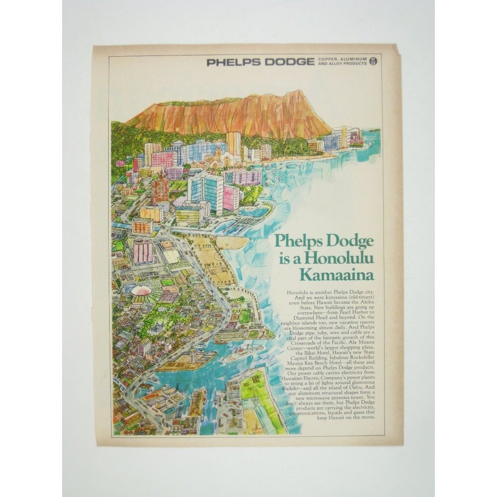 Vintage 1960s Phelps Dodge Honolulu Kamaaina Advertising Print MOD Map